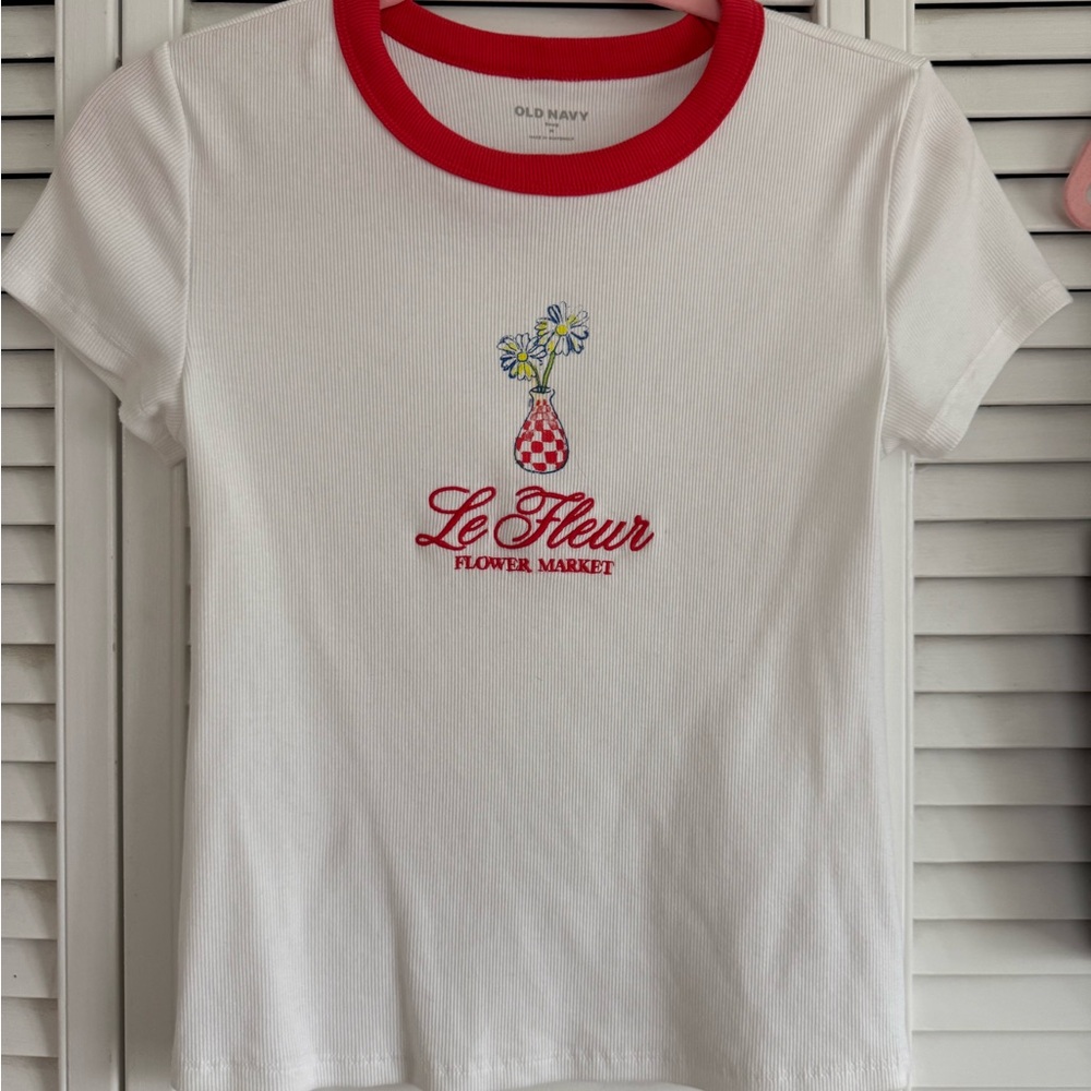 Old Navy White Tee with Red Ringer Collar and Floral Vase Graphic